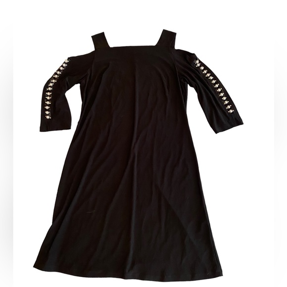 Black cold shoulder Cocktail dress with pearl & rhinestone sleeves S. Levine Med - Picture 13 of 16